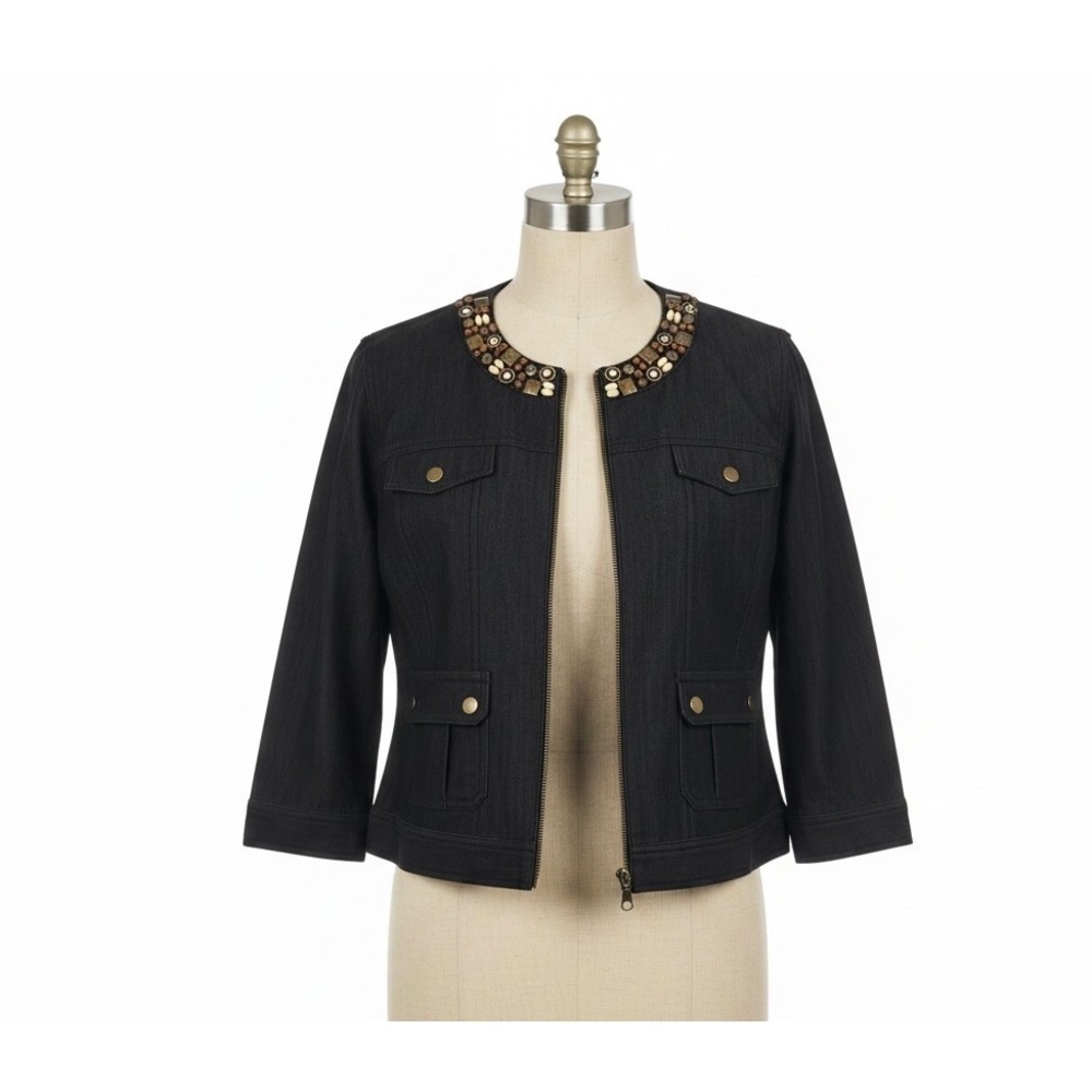 Ruby Rd Petite Beaded Collar Denim Jacket Black Size 16P